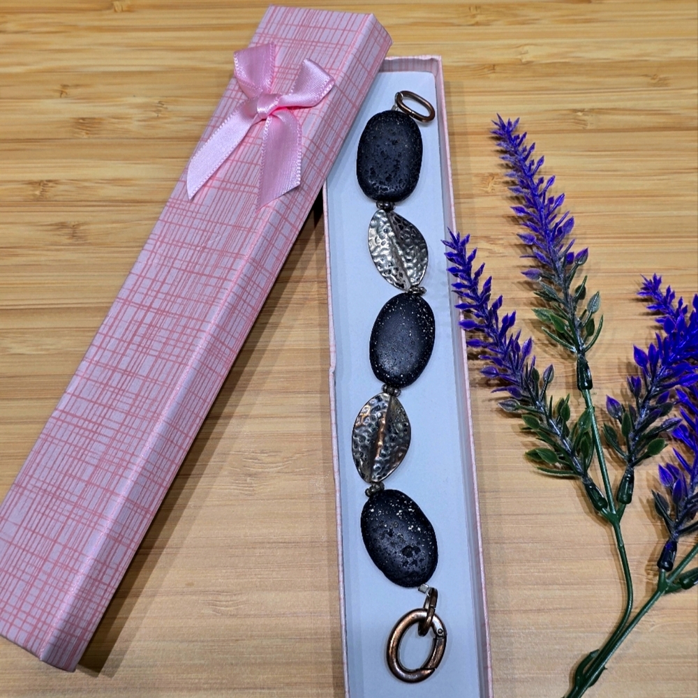 Volcanic Rock And Copper Oval Link Bracelet